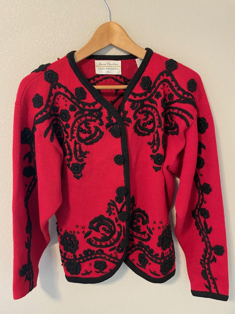 Marisa Christina Lisa Nichols Cardigan Womens Medium Red Floral Embroidered 90s